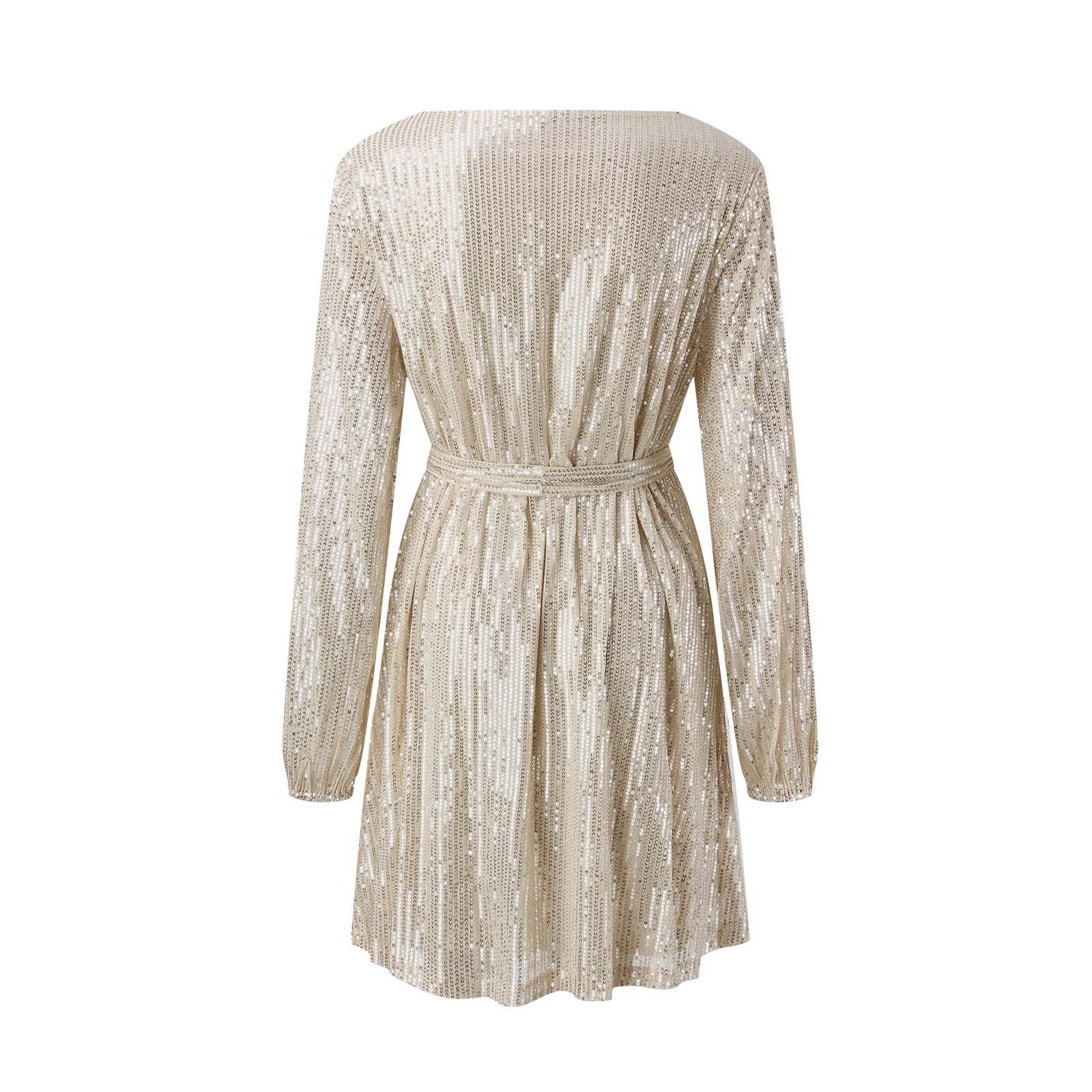 thumbnail image 5 of Mini vestido de lentejuelas de manga larga para mujer - Vestido de cóctel brillante y brillante, poliéster, cuello redondo, corte en A, 5 of 5